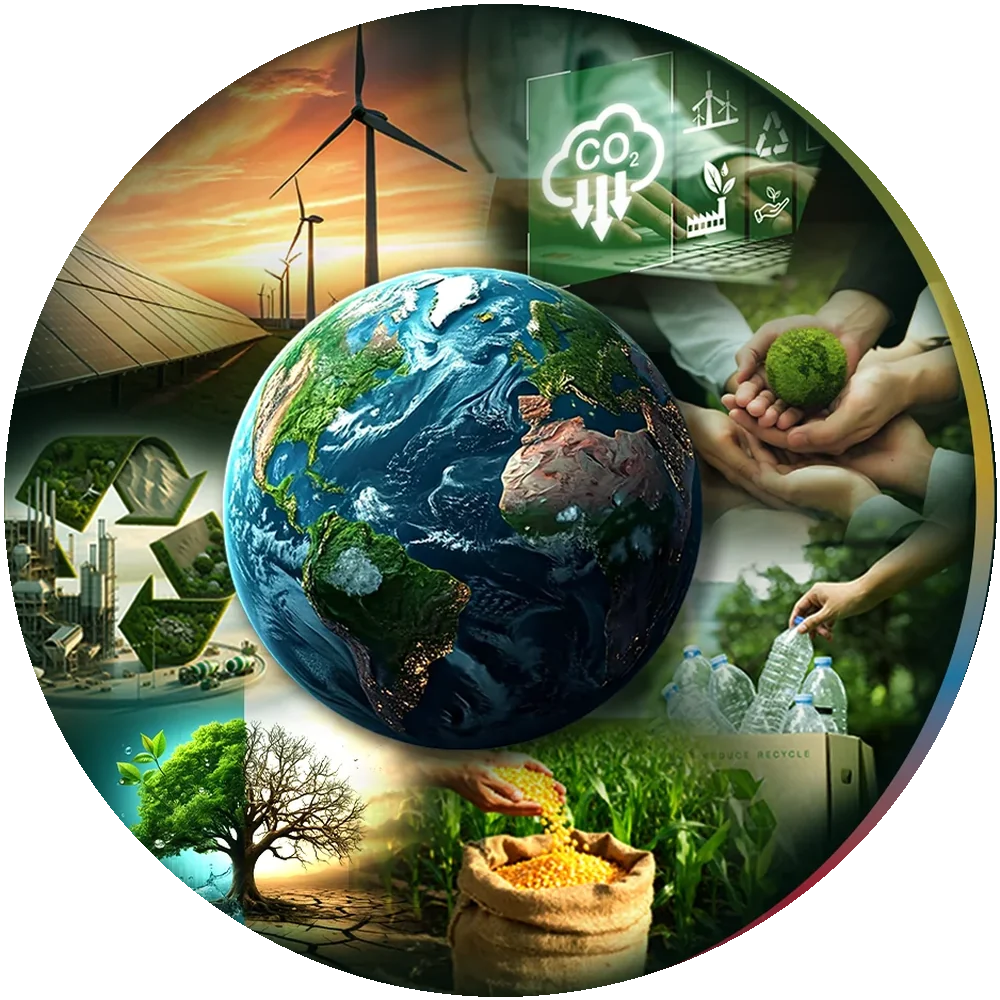 Collage of renewable energy, circular economy, agriculture and climate action imagery surrounding the earth